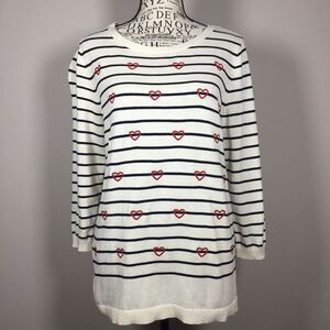 Cotton blend striped black and white knit sweater with red embroidered hearts M
